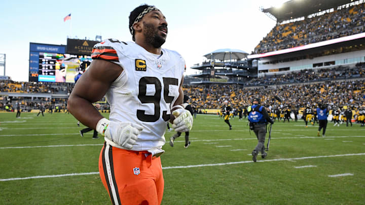 Dec 8, 2024; Pittsburgh, Pennsylvania, USA; Cleveland Browns defensive end Myles Garrett (95) leaves the field following  a game against the Pittsburgh Steelers at Acrisure Stadium. Mandatory Credit: Barry Reeger-Imagn Images
