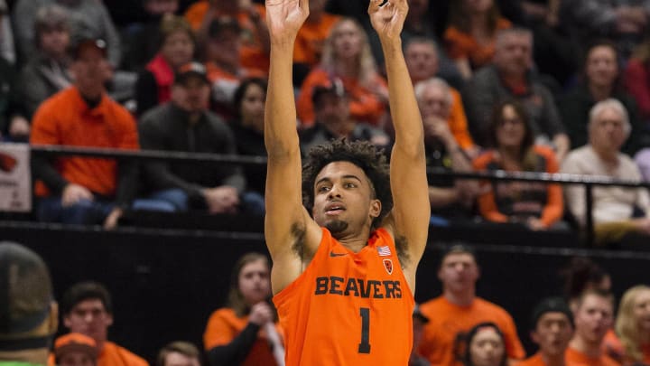 Feb 16, 2019; Corvallis, OR, USA; Oregon State Beavers guard Stephen Thompson Jr. (1) shoots a basket during the first half against the Oregon Ducks at Gill Coliseum. The Beavers beat the Ducks 72-57. Mandatory Credit: Troy Wayrynen-USA TODAY Sports Feb 16, 2019; Corvallis, OR, USA; Oregon State Beavers guard Stephen Thompson Jr. (1) shoots a basket during the first half against the Oregon Ducks at Gill Coliseum. The Beavers beat the Ducks 72-57. Mandatory Credit: Troy Wayrynen-USA TODAY Sports