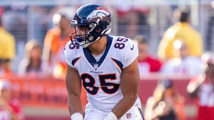 August 19, 2023; Santa Clara, California, USA; Denver Broncos tight end Albert Okwuegbunam (85) during the second quarter against the San Francisco 49ers at Levi's Stadium. Mandatory Credit: Kyle Terada-Imagn Images August 19, 2023; Santa Clara, California, USA; Denver Broncos tight end Albert Okwuegbunam (85) during the second quarter against the San Francisco 49ers at Levi's Stadium. Mandatory Credit: Kyle Terada-Imagn Images