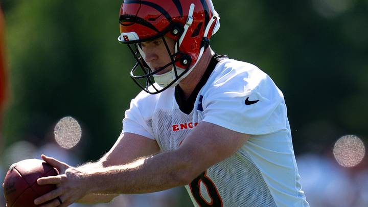 Cincinnati Bengals punter Ryan Rehkow (8) punts during the Cincinnati Bengals Training Camp 2026 at Kettering Practice Field in Cincinnati on Thursday, July 30, 2026. Cincinnati Bengals punter Ryan Rehkow (8) punts during the Cincinnati Bengals Training Camp 2026 at Kettering Practice Field in Cincinnati on Thursday, July 30, 2026.