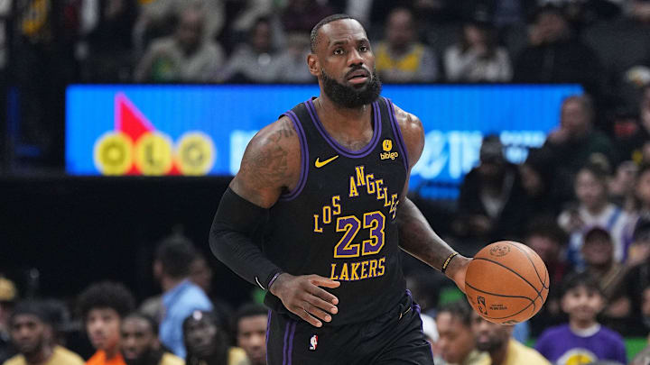 Apr 2, 2024; Toronto, Ontario, CAN; Los Angeles Lakers forward LeBron James (23) controls the ball