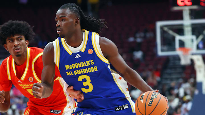 Caleb Holt (3), pictured here competing in the 2026 McDonald's All-American game, had 24 points, eight rebounds and seven steals in Team USA's 102-100 overtime win over the World Select Team at the Nike Hoop Summit in Portland, Oregon.