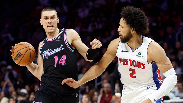 Nov 29, 2025; Miami, Florida, USA; Miami Heat guard Tyler Herro (14) controls the ball against Detroit Pistons guard Cade Cunningham (2) during the first half at Kaseya Center. Mandatory Credit: Rhona Wise-Imagn Images Nov 29, 2025; Miami, Florida, USA; Miami Heat guard Tyler Herro (14) controls the ball against Detroit Pistons guard Cade Cunningham (2) during the first half at Kaseya Center. Mandatory Credit: Rhona Wise-Imagn Images