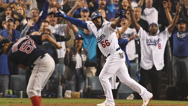 Oct 27, 2018; Los Angeles, CA, USA; Los Angeles Dodgers outfielder Yasiel Puig (66) celebrates after hitting a three-run home run off of Boston Red Sox pitcher Eduardo Rodriguez (57) in the sixth inning in game four of the 2018 World Series at Dodger Stadium. Mandatory Credit: Robert Hanashiro-Imagn Images Oct 27, 2018; Los Angeles, CA, USA; Los Angeles Dodgers outfielder Yasiel Puig (66) celebrates after hitting a three-run home run off of Boston Red Sox pitcher Eduardo Rodriguez (57) in the sixth inning in game four of the 2018 World Series at Dodger Stadium. Mandatory Credit: Robert Hanashiro-Imagn Images