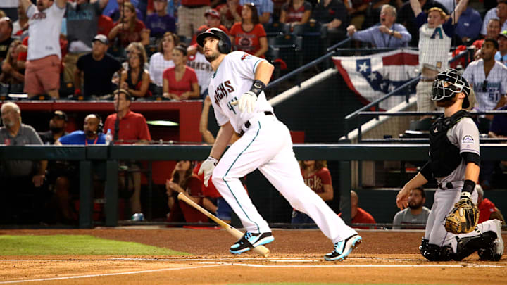 Oct 4, 2017; Phoenix, AZ, USA; Arizona Diamondbacks first baseman Paul Goldschmidt hits a three run home run in the first inning against the Colorado Rockies in the 2017 National League wildcard playoff baseball game at Chase Field. Mandatory Credit: Mark J. Rebilas-Imagn Images