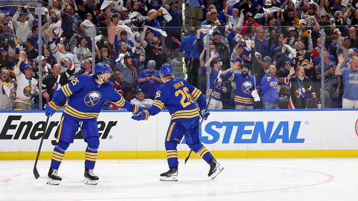 May 18, 2026; Buffalo, New York, USA; Buffalo Sabres defenseman Rasmus Dahlin (26) celebrates his goal with defenseman Owen Power (25) during the third period against the Montréal Canadiens in game seven of the second round of the 2026 Stanley Cup Playoffs at KeyBank Center. Mandatory Credit: Timothy T. Ludwig-Imagn Images May 18, 2026; Buffalo, New York, USA; Buffalo Sabres defenseman Rasmus Dahlin (26) celebrates his goal with defenseman Owen Power (25) during the third period against the Montréal Canadiens in game seven of the second round of the 2026 Stanley Cup Playoffs at KeyBank Center. Mandatory Credit: Timothy T. Ludwig-Imagn Images