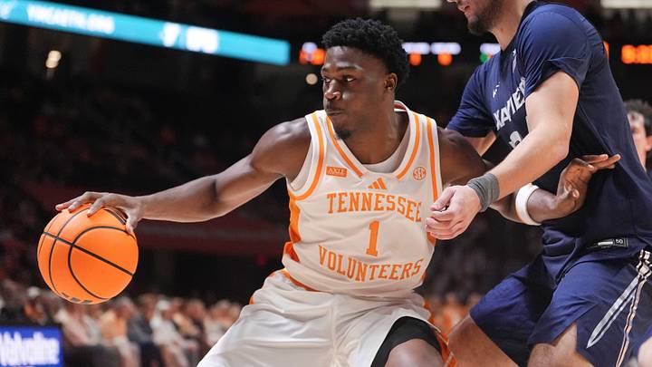 Tennessee guard Manny Green (1) tries to move the ball while guarded by Xavier forward Jovan Milicevic (24) during a college basketball exhibition game on Oct. 15, 2026, in Knoxville, Tennessee. Tennessee guard Manny Green (1) tries to move the ball while guarded by Xavier forward Jovan Milicevic (24) during a college basketball exhibition game on Oct. 15, 2026, in Knoxville, Tennessee.
