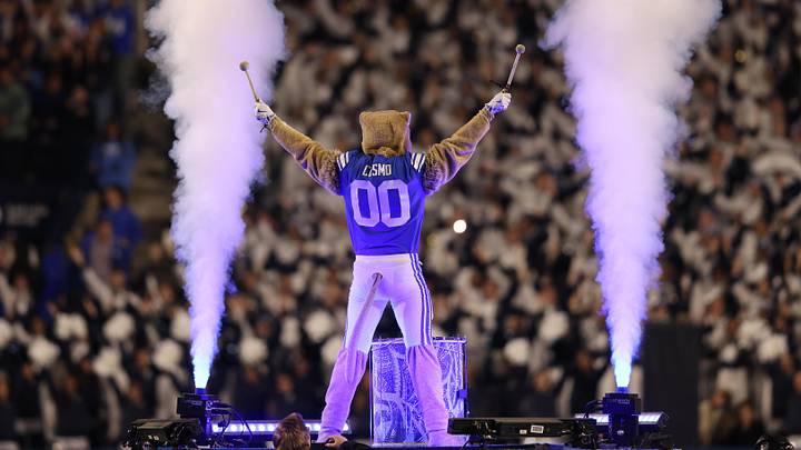 Nov 15, 2025; Provo, Utah, USA; Cosmo the BYU Cougars mascot performs between the third and fourth quarters of the game against the Texas Christian University Horned Frogs at LaVell Edwards Stadium. Mandatory Credit: Rob Gray-Imagn Images Nov 15, 2025; Provo, Utah, USA; Cosmo the BYU Cougars mascot performs between the third and fourth quarters of the game against the Texas Christian University Horned Frogs at LaVell Edwards Stadium. Mandatory Credit: Rob Gray-Imagn Images