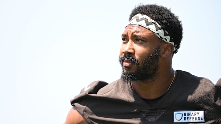 Aug 4, 2024; Cleveland Browns defensive end Myles Garrett (95) during practice at the Browns training facility in Berea, Ohio.