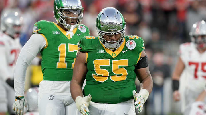 Jan 1, 2025; Pasadena, CA, USA; Oregon Ducks defensive lineman Derrick Harmon (55) reacts in the second half against the Ohio State Buckeyes in the 2025 Rose Bowl college football quarterfinal game at Rose Bowl Stadium. Mandatory Credit: Kirby Lee-Imagn Images