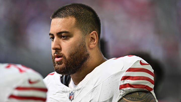 Sep 15, 2024; Minneapolis, Minnesota, USA; San Francisco 49ers guard Dominick Puni (77) looks on during the game against the Minnesota Vikings at U.S. Bank Stadium. Mandatory Credit: Jeffrey Becker-Imagn Images
