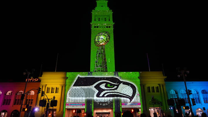 Feb 6, 2026; San Francisco, CA, USA; The Seattle Seahawks logo is projected on the Ferry Building. Mandatory Credit: Kirby Lee-Imagn Images