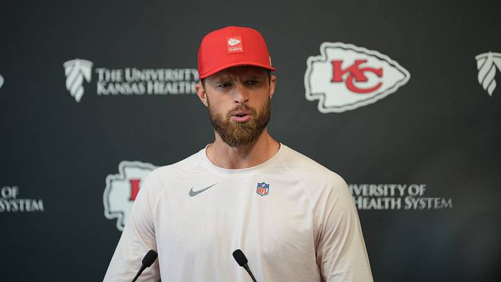 Jun 9, 2026; Kansas City, MO, USA; Kansas City Chiefs place kicker Harrison Butker (7) speaks to media members during a short press conference after the Kansas City Chiefs mandatory mini-camp. Mandatory Credit: Denny Medley-Imagn Images