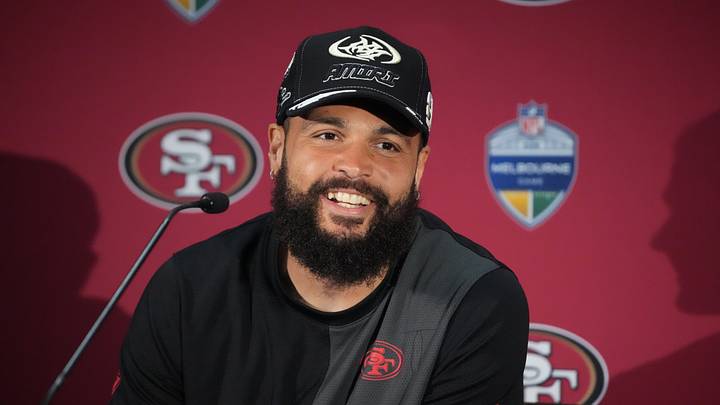 Sep 11, 2026; Melbourne, Victoria, Australia; San Francisco 49ers wide receiver Mike Evans (5) at press conference after the 2026 NFL Melbourne Game against the Los Angeles Rams at Melbourne Cricket Ground. Mandatory Credit: Kirby Lee-Imagn Images Sep 11, 2026; Melbourne, Victoria, Australia; San Francisco 49ers wide receiver Mike Evans (5) at press conference after the 2026 NFL Melbourne Game against the Los Angeles Rams at Melbourne Cricket Ground. Mandatory Credit: Kirby Lee-Imagn Images