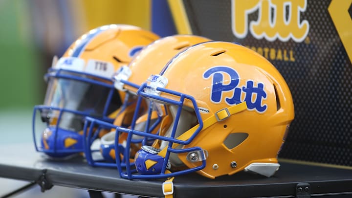 Sep 21, 2019; Pittsburgh, PA, USA;  Pittsburgh Panthers football helmets on the sidelines against the UCF Knights during the second quarter at Heinz Field. Pittsburgh won 35-34. Mandatory Credit: Charles LeClaire-Imagn Images