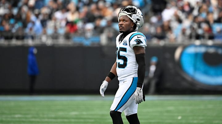 Dec 15, 2024; Charlotte, North Carolina, USA;  Carolina Panthers safety Xavier Woods (25) on the field in the fourth quarter at Bank of America Stadium. Mandatory Credit: Bob Donnan-Imagn Images