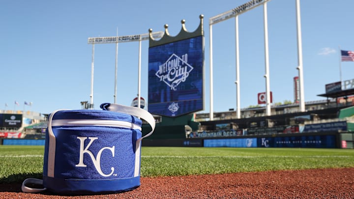 Apr 21, 2024; Kansas City, Missouri, USA; Kansas City Royals ball bag sits on the field prior to the game against the Baltimore Orioles at Kauffman Stadium. Mandatory Credit: William Purnell-Imagn Images