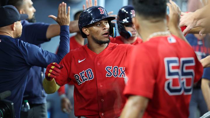 Jul 31, 2026; Los Angeles, California, USA; Boston Red Sox outfielder Ceddanne Rafaela (3) celebrates with teammates in the dugout after scoring a run during the third inning against the Los Angeles Dodgers at Dodger Stadium. Mandatory Credit: Kiyoshi Mio-Imagn Images Jul 31, 2026; Los Angeles, California, USA; Boston Red Sox outfielder Ceddanne Rafaela (3) celebrates with teammates in the dugout after scoring a run during the third inning against the Los Angeles Dodgers at Dodger Stadium. Mandatory Credit: Kiyoshi Mio-Imagn Images