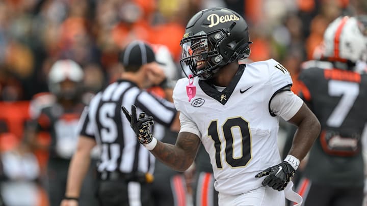 Oct 11, 2025; Corvallis, Oregon, USA; Wake Forest Demon Deacons wide receiver Chris Barnes (10) celebrates after a touchdown catch against the Oregon State Beavers during the second quarter at Reser Stadium. Mandatory Credit: Craig Strobeck-Imagn Images
