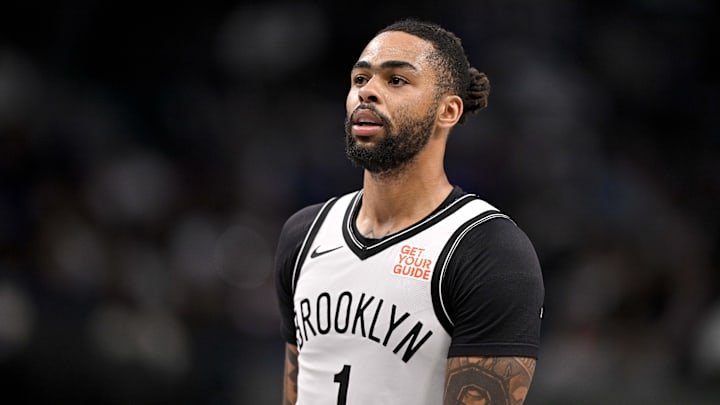 Mar 31, 2025; Dallas, Texas, USA; Brooklyn Nets guard D'Angelo Russell (1) during the game between the Dallas Mavericks and the Brooklyn Nets at the American Airlines Center. Mandatory Credit: Jerome Miron-Imagn Images