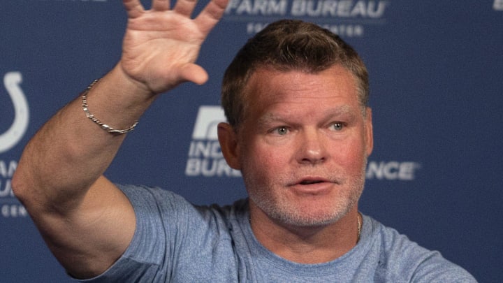 Indianapolis Colts General Manager Chris Ballard speaks to the press in a pre-draft press conference Monday, April 21, 2025 at the Colts headquarters, the Indiana Farm Bureau Football Center.