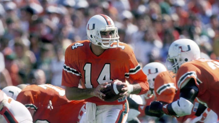 Nov 1, 1996; Miami, FL, USA; FILE PHOTO; Miami Hurricanes quarterback Vinny Testaverde in action against the Florida State Seminoles at the Orange Bowl. Mandatory Credit: Photo By Imagn Images © Copyright Imagn Images Nov 1, 1996; Miami, FL, USA; FILE PHOTO; Miami Hurricanes quarterback Vinny Testaverde in action against the Florida State Seminoles at the Orange Bowl. Mandatory Credit: Photo By Imagn Images © Copyright Imagn Images