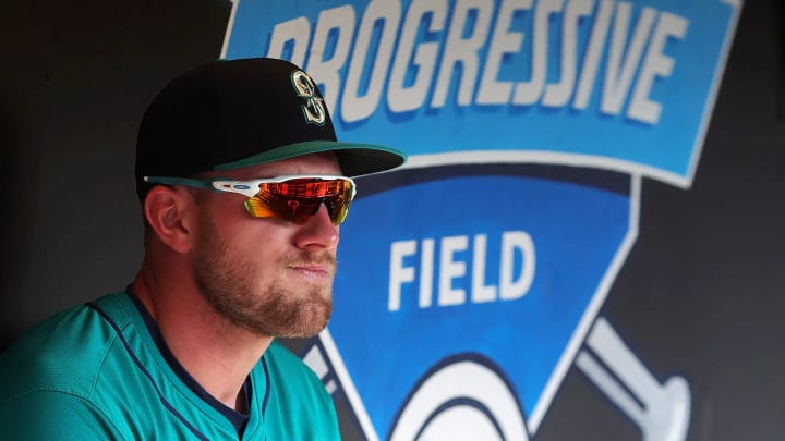 Mariners left fielder Luke Raley relaxes in the dugout before a game, Wednesday, June 19, 2024, in Cleveland. Mariners left fielder Luke Raley relaxes in the dugout before a game, Wednesday, June 19, 2024, in Cleveland.