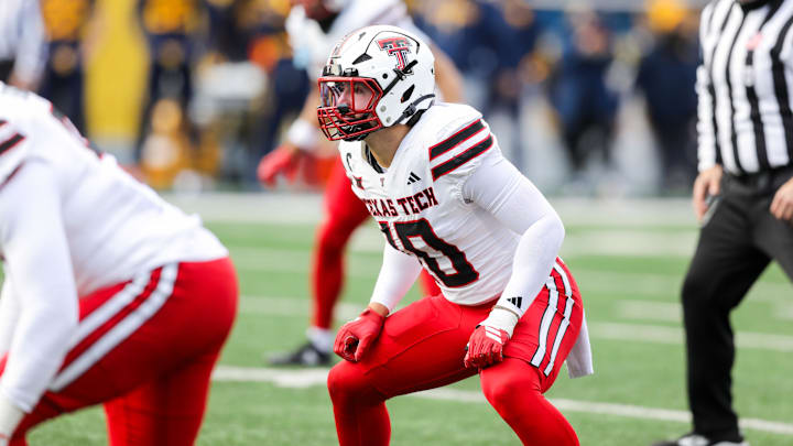 Nov 29, 2025; Morgantown, West Virginia, USA; Texas Tech Red Raiders linebacker Jacob Rodriguez (10) on the field during the second quarter against the West Virginia Mountaineers at Milan Puskar Stadium. Mandatory Credit: Ben Queen-Imagn Images