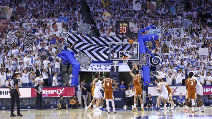 Jan 27, 2024; Provo, Utah, USA; Texas Longhorns forward Dylan Disu (1) takes a foul shot against the Brigham Young Cougars during the second half at Marriott Center. Mandatory Credit: Rob Gray-USA TODAY Sports