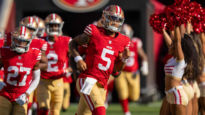 August 19, 2023; Santa Clara, California, USA; San Francisco 49ers quarterback Trey Lance (5) before the game against the Denver Broncos at Levi's Stadium.
