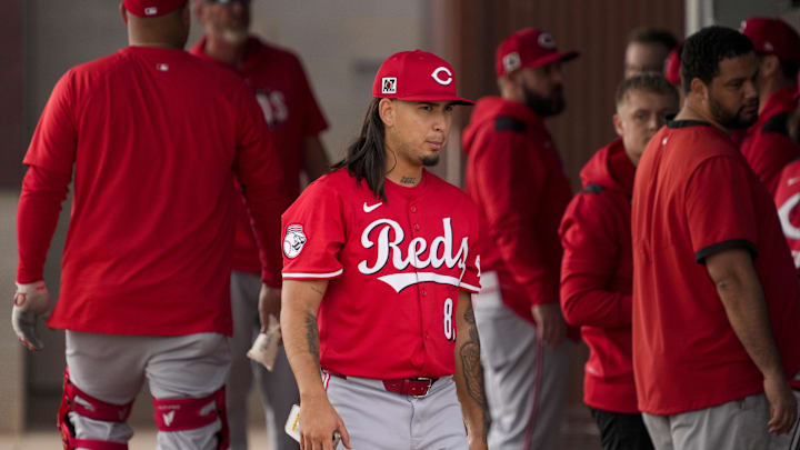 Cincinnati Reds pitcher Jose Acuna (83) walks between stations at the Cincinnati Reds Player Development Complex in Goodyear, Ariz., on  Wednesday, Feb. 12, 2025. Mandatory Credit: Sam Greene/USA TODAY NETWORK via Imagn Images