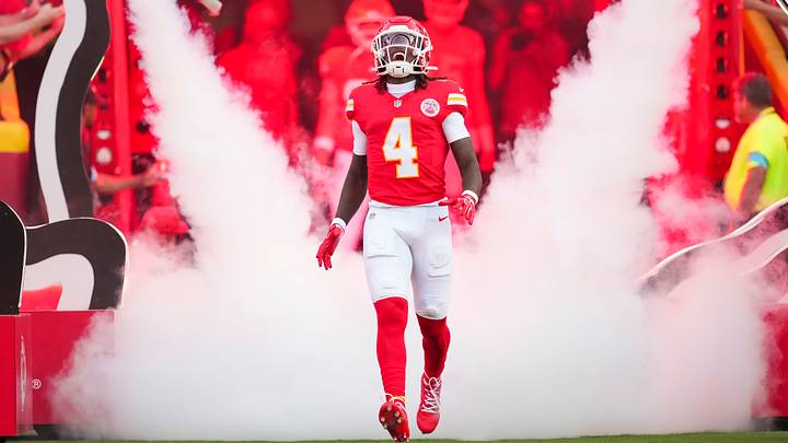 Sep 14, 2026; Kansas City, Missouri, USA; Kansas City Chiefs wide receiver Rashee Rice (4) takes the field prior to a game against the Denver Broncos at Arrowhead Stadium. Mandatory Credit: Jay Biggerstaff-Imagn Images
