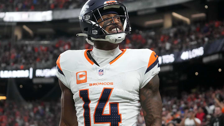Nov 24, 2024; Paradise, Nevada, USA; Denver Broncos wide receiver Courtland Sutton (14) celebrates after scoring on a 18-yard touchdown pass against the Las Vegas Raiders at Allegiant Stadium. Nov 24, 2024; Paradise, Nevada, USA; Denver Broncos wide receiver Courtland Sutton (14) celebrates after scoring on a 18-yard touchdown pass against the Las Vegas Raiders at Allegiant Stadium.