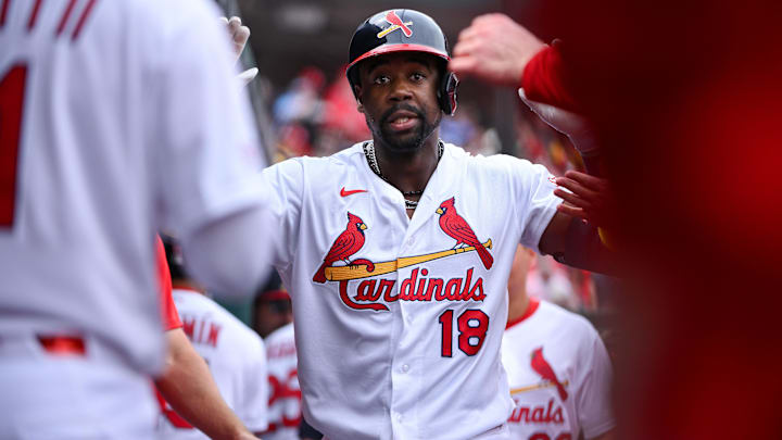 Apr 12, 2026; St. Louis, Missouri, USA; St. Louis Cardinals right fielder Jordan Walker (18) is congratulated by teammates after hitting a solo home run against the Boston Red Sox during the second inning at Busch Stadium. Mandatory Credit: Jeff Curry-Imagn Images Apr 12, 2026; St. Louis, Missouri, USA; St. Louis Cardinals right fielder Jordan Walker (18) is congratulated by teammates after hitting a solo home run against the Boston Red Sox during the second inning at Busch Stadium. Mandatory Credit: Jeff Curry-Imagn Images