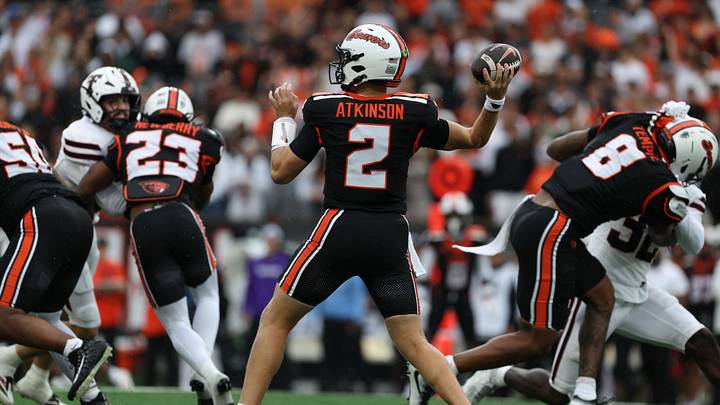 Sep 12, 2026; Corvallis, Oregon, USA; Oregon State quarterback Braden Atkinson (2) throws the ball against Texas Tech at Reser Stadium. Mandatory Credit: Kallie Hansel-Tennes-Imagn Images Sep 12, 2026; Corvallis, Oregon, USA; Oregon State quarterback Braden Atkinson (2) throws the ball against Texas Tech at Reser Stadium. Mandatory Credit: Kallie Hansel-Tennes-Imagn Images