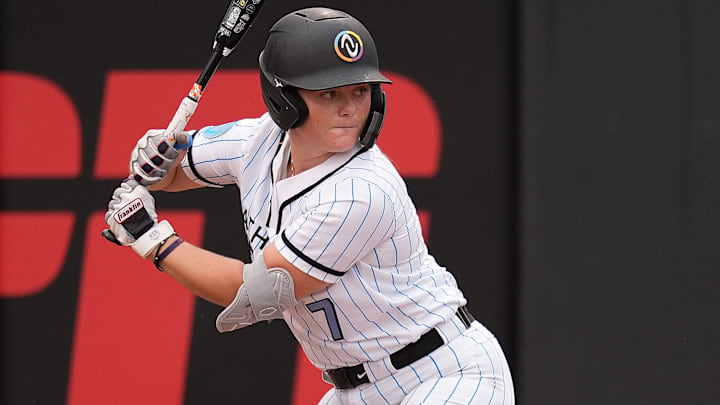 Bandits infielder Erin Coffel bats for Team McQuillin during an Athletes Unlimited Pro (now known as the All-Star Cup) game vs. Team Kilfoyl at Max R. Joyner Family Stadium on August 7, 2024 in Greenville, N.C.