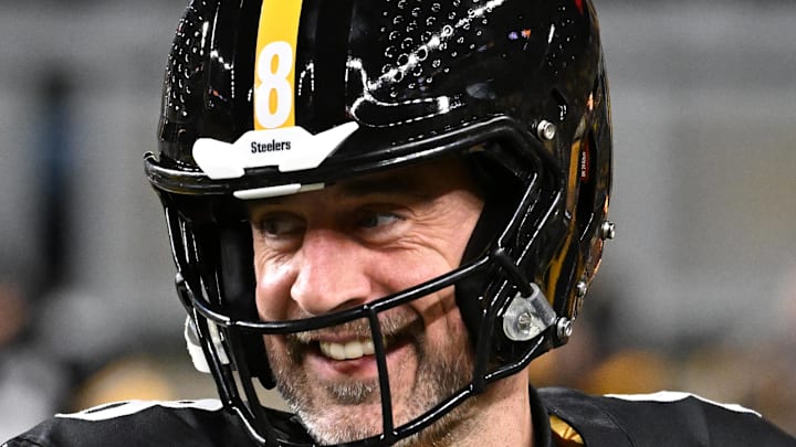 Jan 12, 2026; Pittsburgh, PA, USA; Pittsburgh Steelers quarterback Aaron Rodgers (8) warms up before an AFC Wild Card Round game against the Houston Texans at Acrisure Stadium. Mandatory Credit: Barry Reeger-Imagn Images