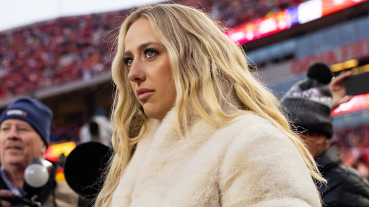 Brittany Mahomes on the sidelines before the AFC Championship game against the Buffalo Bills at GEHA Field at Arrowhead Stadium. Brittany Mahomes on the sidelines before the AFC Championship game against the Buffalo Bills at GEHA Field at Arrowhead Stadium.