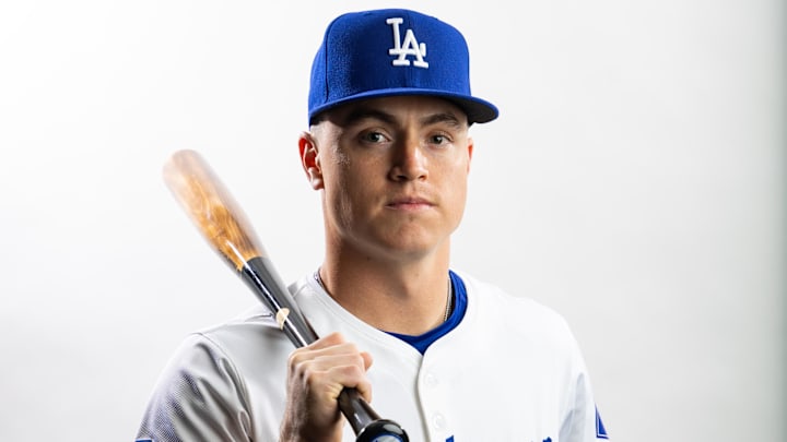 Feb 21, 2024; Glendale, AZ, USA; Los Angeles Dodgers infielder Austin Gauthier poses for a portrait during media day at Camelback Ranch. Mandatory Credit: Mark J. Rebilas-Imagn Images