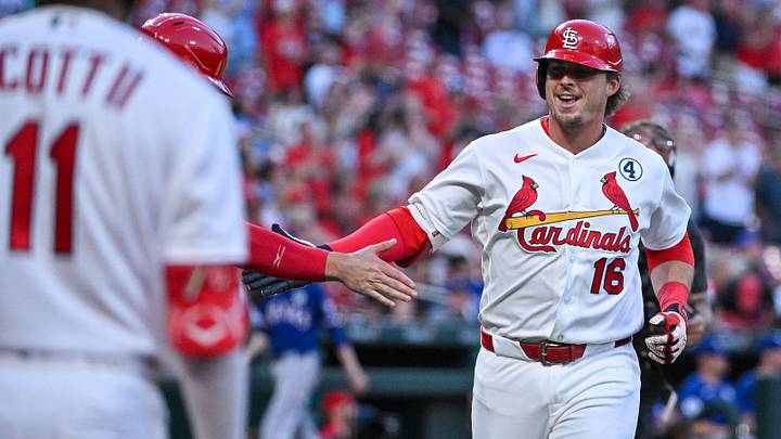 Jun 2, 2026; St. Louis, Missouri, USA; St. Louis Cardinals third baseman Nolan Gorman (16) is congratulated by teammates after hitting a solo home run against the Texas Rangers during the fourth inning at Busch Stadium. Mandatory Credit: Jeff Curry-Imagn Images Jun 2, 2026; St. Louis, Missouri, USA; St. Louis Cardinals third baseman Nolan Gorman (16) is congratulated by teammates after hitting a solo home run against the Texas Rangers during the fourth inning at Busch Stadium. Mandatory Credit: Jeff Curry-Imagn Images
