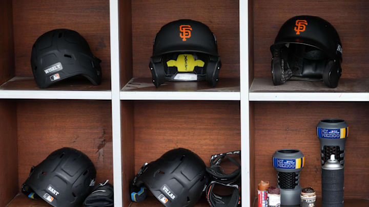 San Francisco Giants helmets in the dugout during a MLB World Tour game at Estadio Alfredo Harp Helu. San Francisco Giants helmets in the dugout during a MLB World Tour game at Estadio Alfredo Harp Helu.