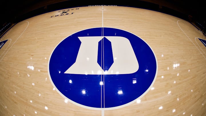 Oct 4, 2024; Durham, NC, USA; Duke Blue Devils center court logo before the Countdown to Craziness at Cameron Indoor Stadium. Mandatory Credit: Jaylynn Nash-Imagn Images