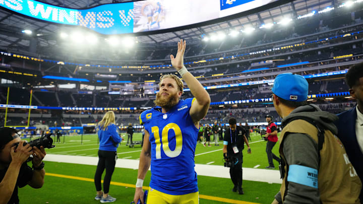 Dec 8, 2024; Inglewood, California, USA; Los Angeles Rams wide receiver Cooper Kupp (10) reacts after the game against the Buffalo Bills at SoFi Stadium. Mandatory Credit: Kirby Lee-Imagn Images