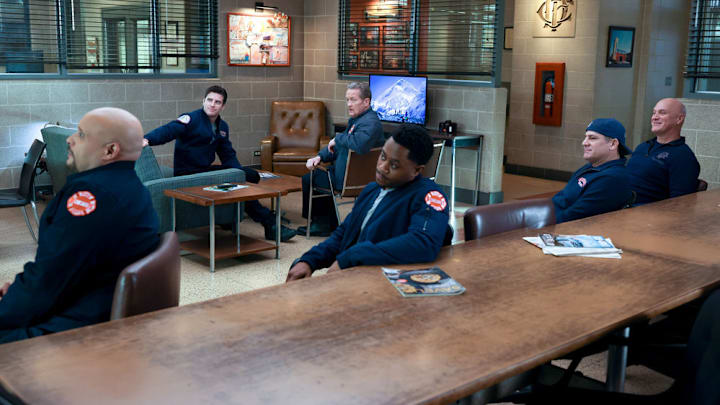 CHICAGO FIRE -- "Trapped" Episode 12003 -- Pictured: (l-r) Joe Minoso as Joe Cruz, Jake Lockett as Sam Carver, Christian Stolte as Randy "Mouch" McHolland, Daniel Kyri as Darren Ritter, Anthony Ferraris as Tony, Randy Flagler as Capp -- (Photo by: Adrian S Burrows Sr/NBC)