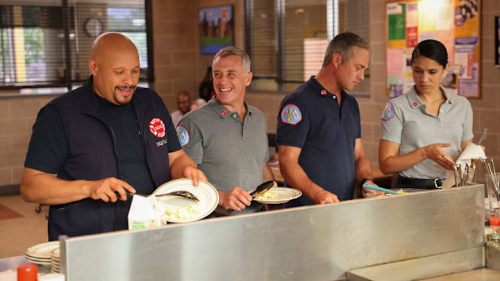 CHICAGO FIRE -- "Ride the Blade" Episode 13002 -- Pictured: (l-r) Joe Miñoso as Joe Cruz, David Eigenberg as Christopher Herrmann, Taylor Kinney as Kelly Severide, Miranda Rae Mayo as Stella Kidd -- (Photo by: George Burns Jr/NBC)