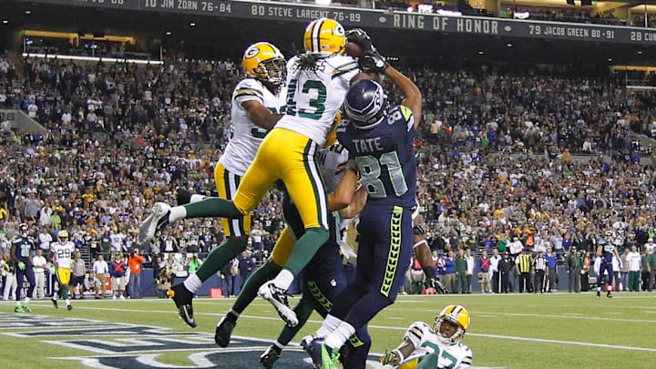 Seattle Seahawks (81) Golden Tate scored the winning touchdown in a 14-12 win over the Packers during the Green Bay Packers-Seattle Seahawks NFL game in Seattle, Monday, September 24, 2012.