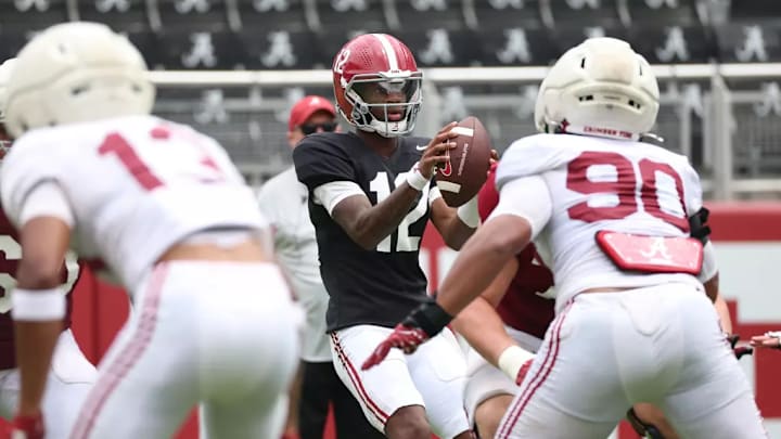 8/9/25 MFB MFB Fall Camp Scrimmage 1 Alabama Quarterback Keelon Russell (12) Photo by Kent Gidley