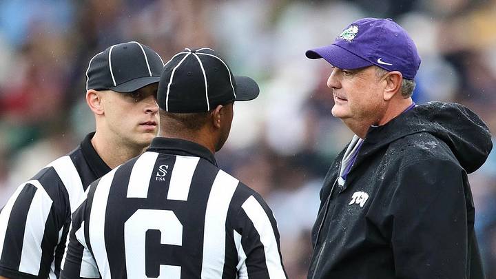 TCU Head Coach Sonny Dykes discussing penalty calls with the officials TCU Head Coach Sonny Dykes discussing penalty calls with the officials