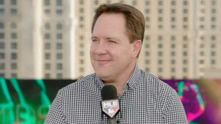 Derek Falvey appears on MLB Network in Las Vegas.