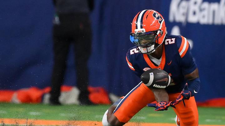 Nov 29, 2025; Syracuse, New York, USA; Syracuse Orange wide receiver Johntay Cook (2) makes a catch against the Boston College Eagles during the second half at the JMA Wireless Dome. Mandatory Credit: Rich Barnes-Imagn Images Nov 29, 2025; Syracuse, New York, USA; Syracuse Orange wide receiver Johntay Cook (2) makes a catch against the Boston College Eagles during the second half at the JMA Wireless Dome. Mandatory Credit: Rich Barnes-Imagn Images
